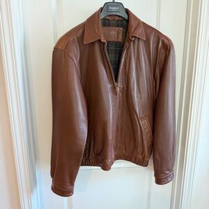 Vtg Roundtree & Yorke Brown Lambskin Leather Bomber Jacket Lg Plaid Lined Zip